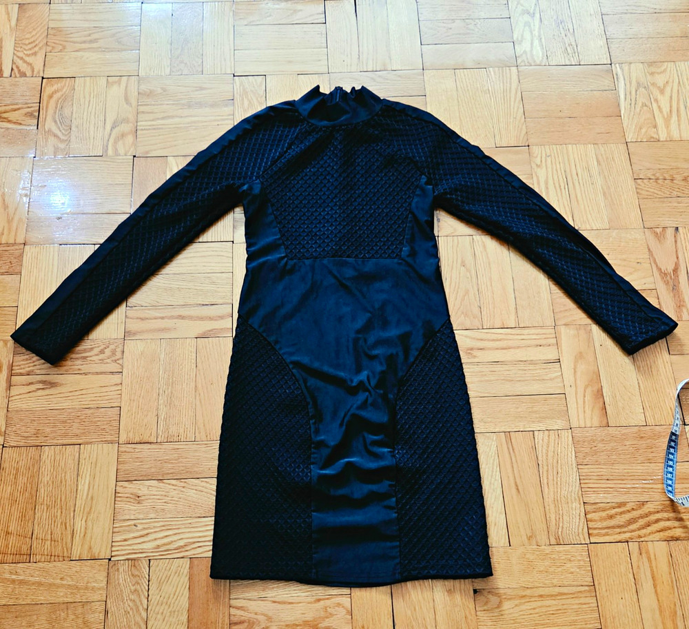 Sz M Black Solid Mesh Bodycon Knee Dress High Neck Long Sleeve Zip Sheer